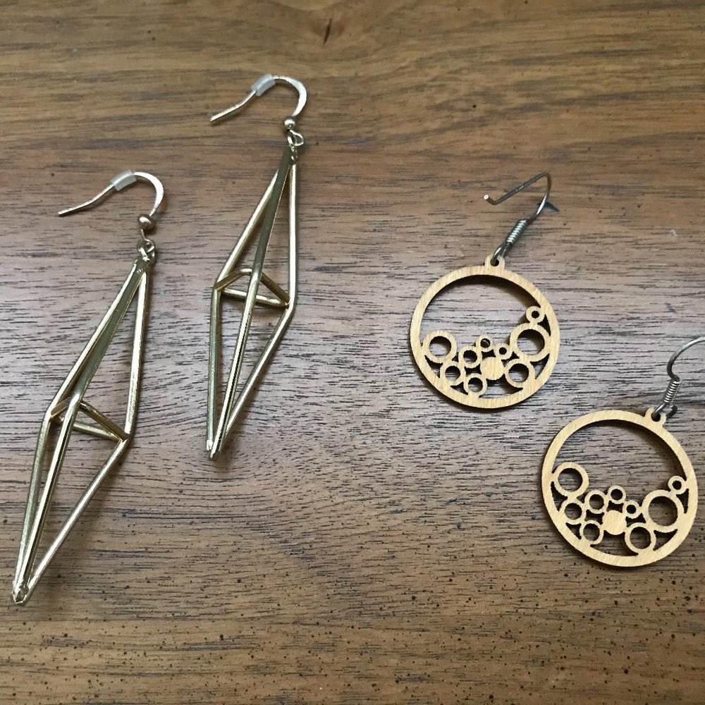 2 Earrings Pairs / Wood and Gold Metal